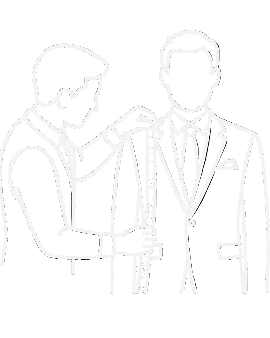Outline of two people in suits shaking hands on a white background