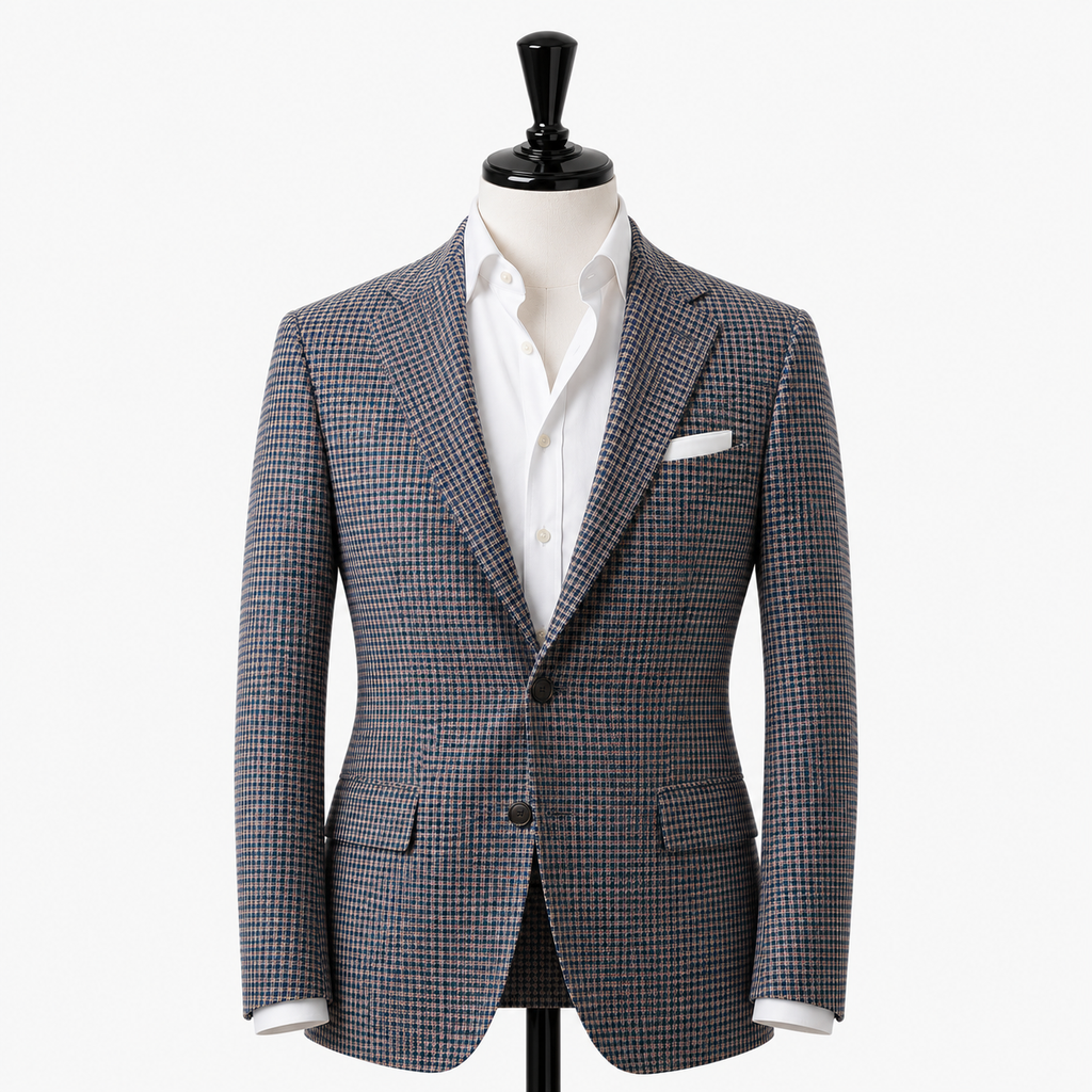 Checkered blazer on a mannequin with a white shirt and pocket square against a white background