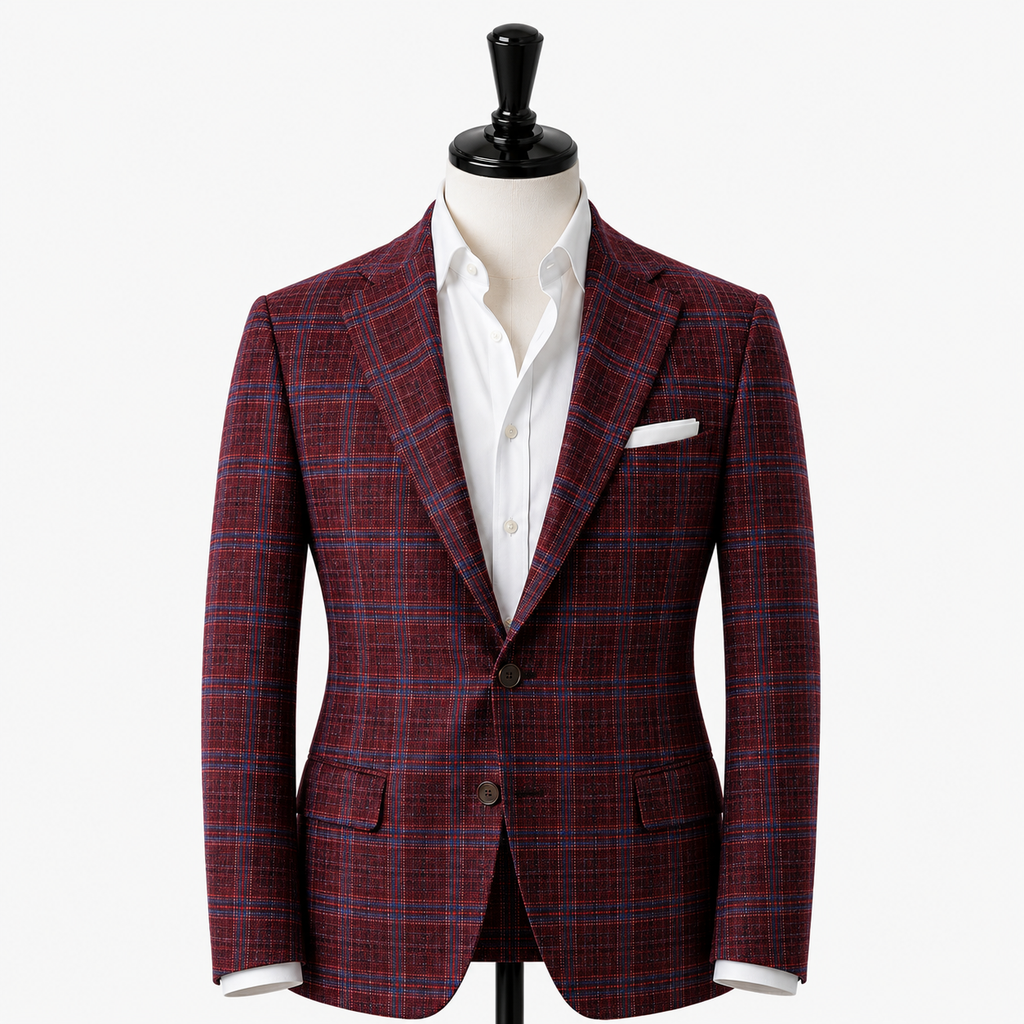 Red plaid suit jacket on a mannequin with a white shirt underneath on a white background