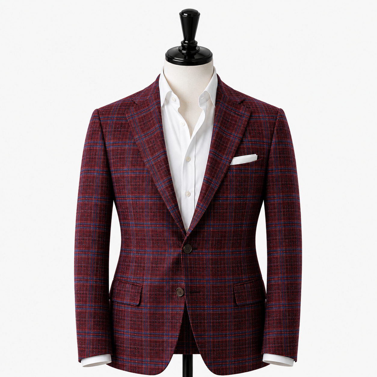 Red plaid suit jacket on a mannequin with a white shirt underneath on a white background